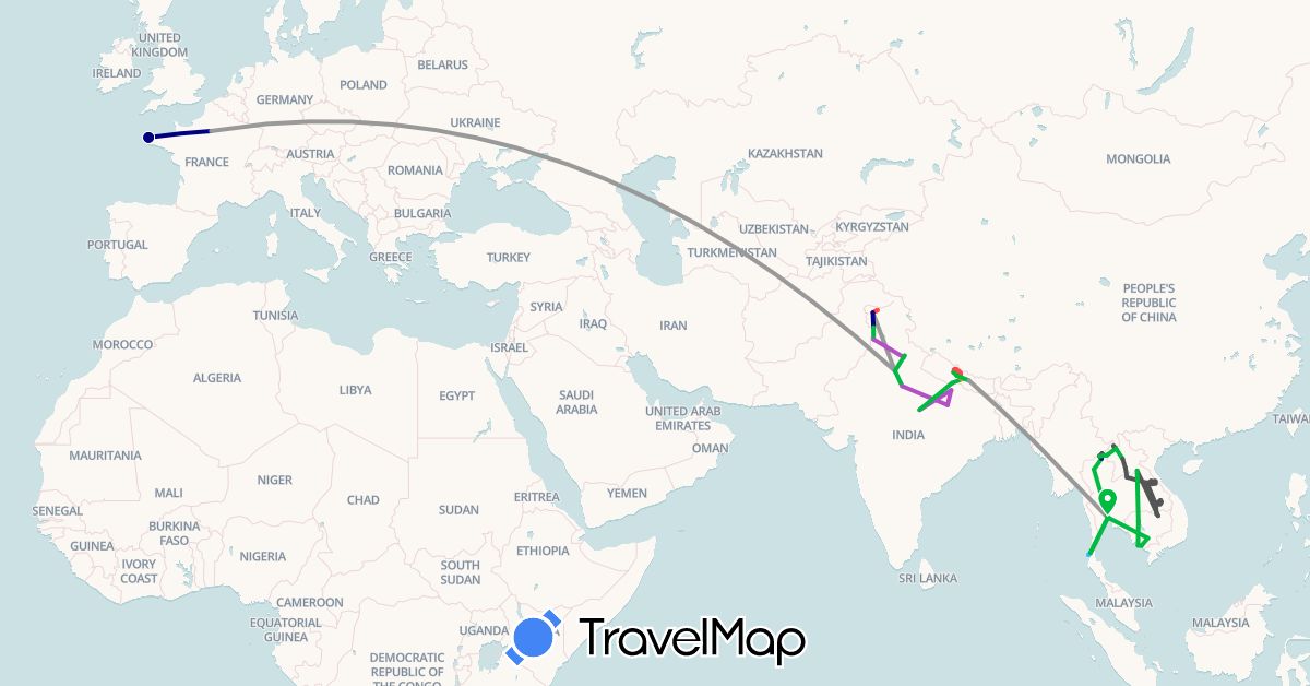 TravelMap itinerary: driving, bus, plane, train, hiking, boat, hitchhiking, motorbike in France, India, Cambodia, Laos, Myanmar (Burma), Nepal, Thailand (Asia, Europe)